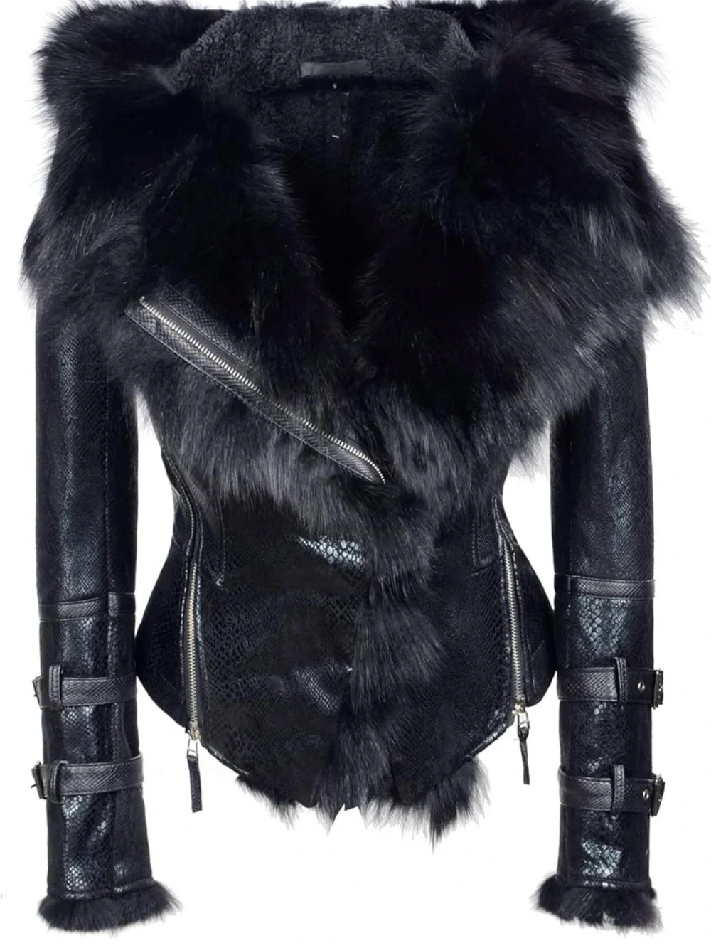 Women's Black Faux Leather Jacket with real Fox fur 💙